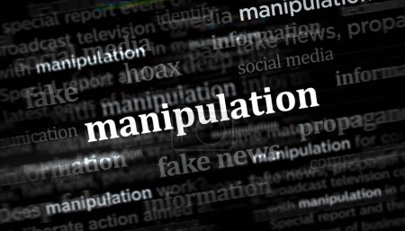 Manipulation disinformation hoax and social media deep fake news headline news across international media. Abstract concept of news titles on noise displays. TV glitch effect 3d illustration.