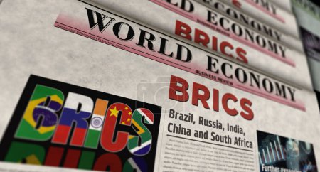 BRICS Brasilien Russland Indien China Südafrika Wirtschaftsverband Vintage News und Zeitungsdruck. Abstraktes Konzept Retro-Schlagzeilen 3D-Illustration.