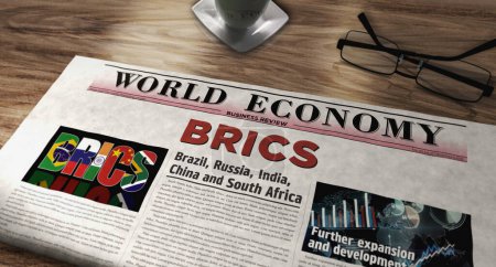 Téléchargez les photos : BRICS Brésil Russie Inde Chine Afrique du Sud association économique quotidien sur la table. manchettes nouvelles résumé concept 3d illustration. - en image libre de droit