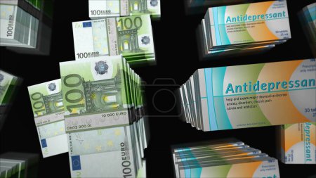 Antidepressant tablets box and Euro money bundle stacks. Psychotropic drug for stress anxiety and depression pills pack production. Abstract concept 3d illustration.