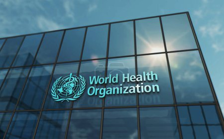 Foto de Ginebra, Suiza, 15 de junio de 2023: Concepto de edificio de cristal de la sede de la Organización Mundial de la Salud. Firma de la oficina de la Agencia de las Naciones Unidas en fachada frontal 3d ilustración. - Imagen libre de derechos