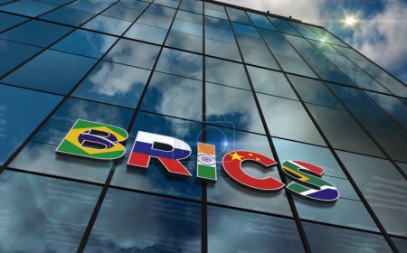 Glasbaukonzept der BRICS-Gruppe. Brasilien Russland Indien China Südafrika Wirtschaftsorganisation Symbol auf der Fassade 3D-Illustration.