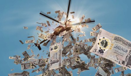 Téléchargez les photos : Libye Dinar billets de banque hélicoptère perte d'argent. LYD libyen 5 note abstrait concept 3D de l'inflation, l'impression de monnaie, la finance, l'économie, la crise et l'assouplissement quantitatif illustration. - en image libre de droit