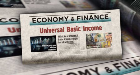 Photo for Universal basic income citizens salary payment and social redistribution vintage news and newspaper printing. Abstract concept retro headlines 3d illustration. - Royalty Free Image