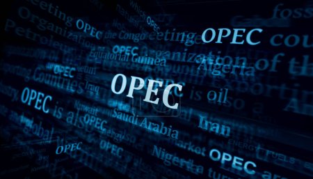 Organización de la OPEP Países exportadores de petróleo titular de asociación de exportación de petróleo a través de los medios de comunicación internacionales. Concepto abstracto noticias títulos pantallas de ruido. TV glitch efecto 3d ilustración.
