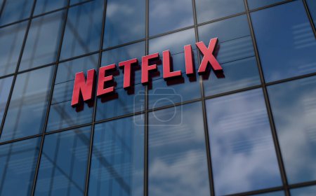 Photo for Los Gatos, California, September 12, 2023: Netflix Incorporation headquarters glass building concept. Netflix TV and VOD streaming platform company symbol logo on front facade 3d illustration. - Royalty Free Image