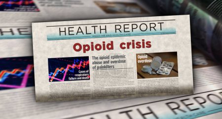 Photo for Opioid crisis painkiller abuse and overdose problem vintage news and newspaper printing. Abstract concept retro headlines 3d illustration. - Royalty Free Image