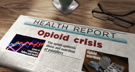 Opioides crisis analgésicos abuso y sobredosis problema diario periódico en la mesa. Titulares noticias concepto abstracto 3d ilustración.