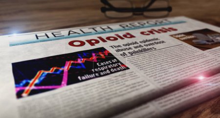 Photo for Opioid crisis painkiller abuse and overdose problem daily newspaper on table. Headlines news abstract concept 3d illustration. - Royalty Free Image