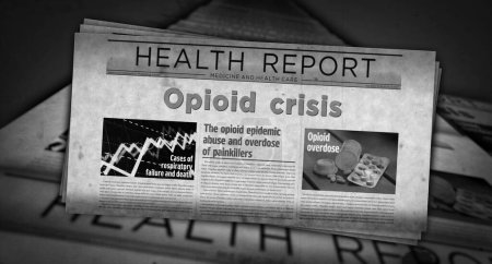 Photo for Opioid crisis painkiller abuse and overdose problem vintage news and newspaper printing. Abstract concept retro headlines 3d illustration. - Royalty Free Image
