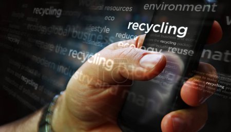 Recycling nachhaltige Wirtschaft, Umweltschutz und Ökologie Social Media auf dem Display. Suche auf Tablet, Pad, Telefon oder Smartphone-Bildschirm in der Hand. Abstraktes Konzept von Nachrichtentiteln 3D-Illustration.
