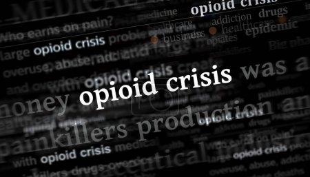 Opioid crisis opiates epidemic and painkiller abuse headline news across international media. Abstract concept of news titles on noise displays. TV glitch effect 3d illustration.