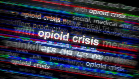 Photo for Opioid crisis opiates epidemic and painkiller abuse headline news across international media. Abstract concept of news titles on noise displays. TV glitch effect 3d illustration. - Royalty Free Image