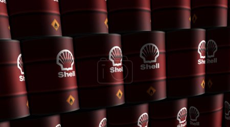Photo for Poznan, Poland, October 12, 2023: Shell oil petroleum fuel barrels in row concept. Fossil fuel company and petrol industrial containers 3d illustration. - Royalty Free Image