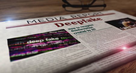 Photo for Deepfake AI disinformation fake news and misinformation daily newspaper on table. Headlines news abstract concept 3d illustration - Royalty Free Image