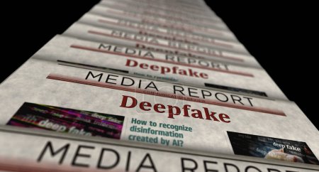 Téléchargez les photos : Deepfake AI désinformation fausses nouvelles et désinformation nouvelles vintage et impression de journaux. Concept abstrait rétro gros titres Illustration 3D. - en image libre de droit