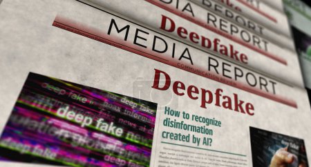 Deepfake AI desinformación noticias falsas y desinformación noticias vintage e impresión de periódicos. Concepto abstracto titulares retro 3d ilustración.