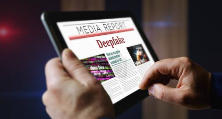Téléchargez les photos : Deepfake AI désinformation fausses nouvelles et désinformation lecture quotidienne des journaux sur l'écran de la tablette mobile. Homme écran tactile avec des manchettes nouvelles abstrait concept illustration 3D. - en image libre de droit