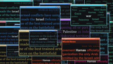 Israel Hamas Palästina Konflikt Krieg Krise. Schlagzeilen Nachrichtentitel internationale Medien abstraktes Konzept 3D-Illustration.
