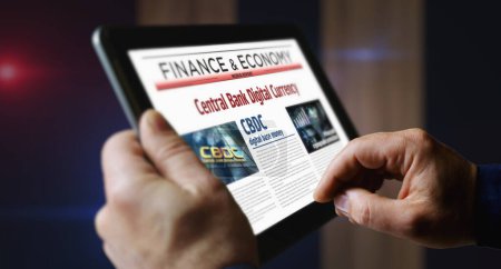CBDC Central Bank Digital Currency and crypto money daily newspaper reading on mobile computer screen. Man touch screen with headlines news abstract concept 3d illustration.