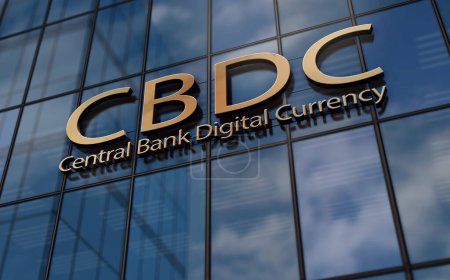 CDBC glass building concept. Central Bank Digital Currency crypto money symbol on front facade 3d illustration.