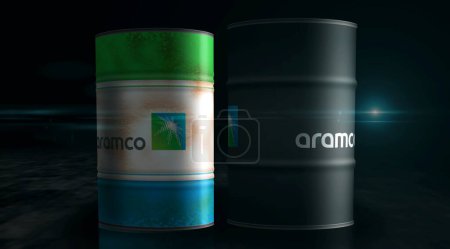 Photo for Poznan, Poland, December 6, 2023: Saudi Aramco Oil Company barrels in row concept. Petroleum fuel corporate industrial containers 3d illustration. - Royalty Free Image