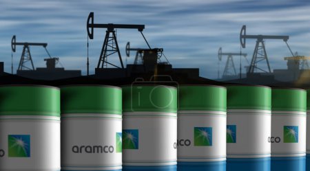 Téléchargez les photos : Poznan, Pologne, 6 décembre 2023 : Saudi Aramco Oil Company barils in row concept. Récipients industriels industriels pour combustibles pétroliers Illustration 3d. - en image libre de droit