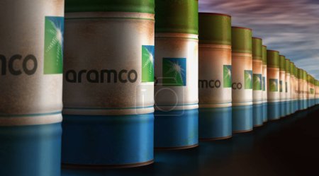 Photo for Poznan, Poland, December 6, 2023: Saudi Aramco Oil Company barrels in row concept. Petroleum fuel corporate industrial containers 3d illustration. - Royalty Free Image