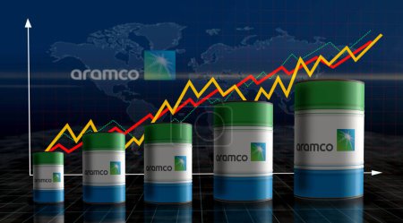 Photo for Poznan, Poland, December 6, 2023: Saudi Aramco Oil Company barrels on growing chart. Petroleum fuel corporate industrial metal containers with increase statistic diagram 3d illustration. - Royalty Free Image