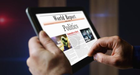 Téléchargez les photos : Politique lecture quotidienne des journaux sur l'écran de la tablette mobile. Homme écran tactile avec des manchettes nouvelles abstrait concept illustration 3D. - en image libre de droit