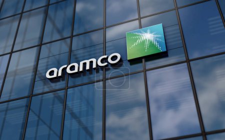 Photo for Dhahran, Saudi Arabia, January 3, 2024: Saudi Aramco headquarters glass building concept. Petroleum oil fuel and natural gas company symbol logo on front facade 3d illustration. - Royalty Free Image