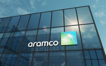 Photo for Dhahran, Saudi Arabia, January 3, 2024: Saudi Aramco headquarters glass building concept. Petroleum oil fuel and natural gas company symbol logo on front facade 3d illustration. - Royalty Free Image