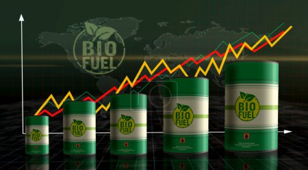 Photo for Biofuel crude brent petroleum fuel barrels on growing chart. Sustainable energy and biodiesel oil industrial metal containers with increase statistic diagram 3d illustration. - Royalty Free Image