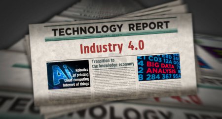 Téléchargez les photos : Industrie 4.0 technologie robotique et automatisation vintage nouvelles et impression de journaux. Concept abstrait rétro gros titres Illustration 3D. - en image libre de droit