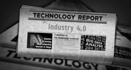 Téléchargez les photos : Industrie 4.0 technologie robotique et automatisation vintage nouvelles et impression de journaux. Concept abstrait rétro gros titres Illustration 3D. - en image libre de droit