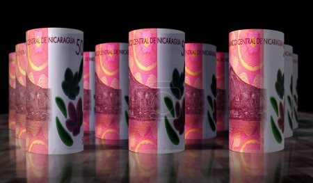 Nicaragua money Nicaraguan cordobas money rolled 3d illustration. 500 NIO banknote rolls. Concept of finance, cash, economy crisis, business success, recession, bank, tax and debt.