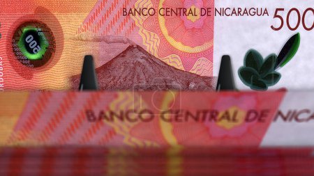 Nicaragua money Nicaraguan cordobas money pack 3d illustration. 500 NIO Banknotenbündel stapeln sich. Konzept von Finanzen, Bargeld, Wirtschaftskrise, Unternehmenserfolg, Rezession, Banken, Steuern und Schulden.