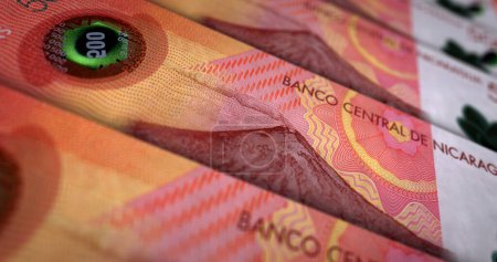 Nicaraguanische cordobas Gelddruck 3D-Illustration. 500 NIO-Banknotendruck. Konzept der Finanzierung, Bargeld, Wirtschaftskrise, Geschäftserfolg, Rezession, Bank, Steuern und Schulden in Nicaragua.