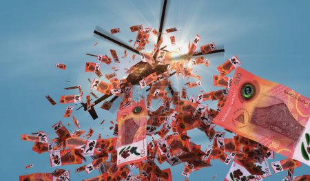 Nicaragua Cordoba Banknoten Hubschrauber Geld fallen. Nicaraguanische 500-NIO-Scheine 3D-Konzept von Inflation, Gelddrucken, Wirtschaft und quantitativer Lockerung Illustration.