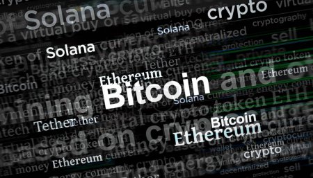 Kryptowährungen Bitcoin Solana Ethereum Tether Krypto. Schlagzeilen Nachrichtentitel internationale Medien abstraktes Konzept 3D-Illustration.