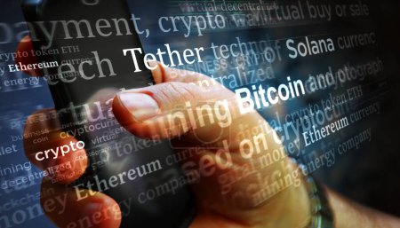 Kryptowährungen Bitcoin Solana Ethereum Tether Krypto. Schlagzeilen Nachrichtentitel internationale Medien abstraktes Konzept 3D-Illustration.