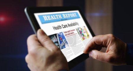 Disponibilidad de atención médica y seguro público lectura diaria de periódicos en la pantalla de la tableta móvil. Hombre pantalla táctil con titulares noticias concepto abstracto 3d ilustración.