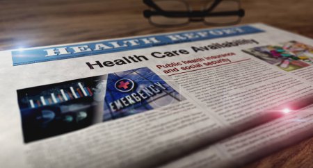 Health care availability and public insurence daily newspaper on table. Headlines news abstract concept 3d illustration.