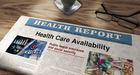 Disponibilidad de atención médica y seguro público diario en la mesa. Titulares noticias concepto abstracto 3d ilustración.