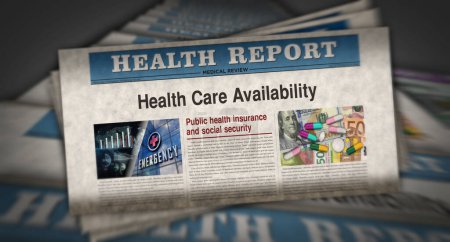 Health care availability and public insurence vintage news and newspaper printing. Abstract concept retro headlines 3d illustration.