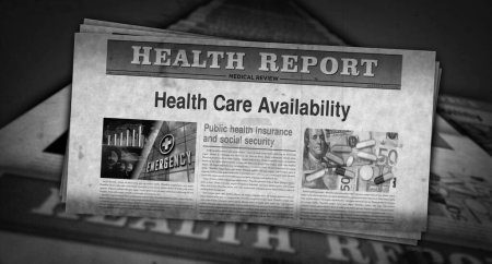 Erreichbarkeit im Gesundheitswesen und öffentliche Versicherungstarife im Nachrichten- und Zeitungsdruck. Abstraktes Konzept Retro-Schlagzeilen 3D-Illustration.