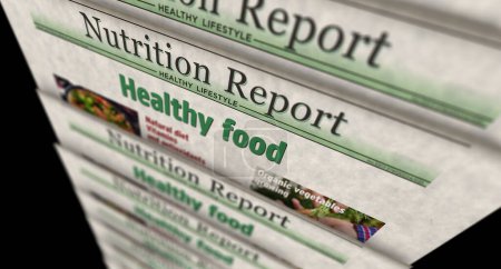 Gesundes Essen und natürliche Ernährung Vintage News und Zeitungsdruck. Abstraktes Konzept Retro-Schlagzeilen 3D-Illustration.