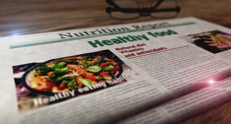 Gesunde Ernährung und natürliche Ernährung Tageszeitung auf dem Tisch. Schlagzeilen Nachrichten abstraktes Konzept 3D Illustration.