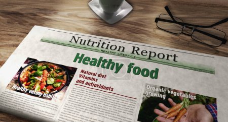 Gesunde Ernährung und natürliche Ernährung Tageszeitung auf dem Tisch. Schlagzeilen Nachrichten abstraktes Konzept 3D Illustration.