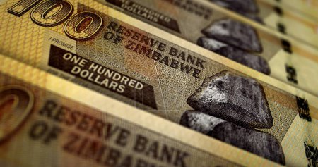 Simbabwische Dollar Gelddruck 3D-Illustration. 100 ZWL-Banknotendruck. Konzept von Finanzen, Bargeld, Wirtschaftskrise, Geschäftserfolg, Rezession, Banken, Steuern und Schulden in Simbabwe.